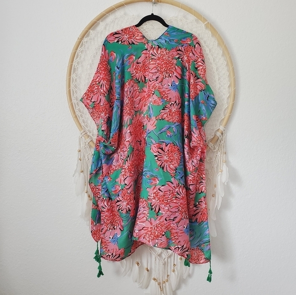 Do Everything In Love Floral Kimono Swim Coverup Boho Tassels Green Pink O/S - Picture 9 of 10